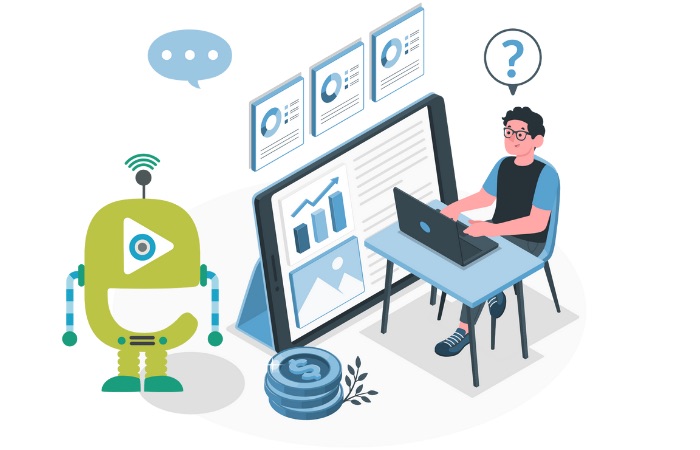 Illustration of a person sitting at a desk with a laptop looking confused, a robot with a play button on its chest, and a large screen displaying charts and images.