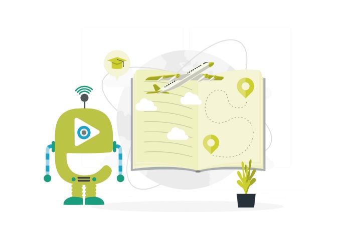 Illustration of a green robot with a play button eye next to an open book showing a plane flying between location markers, symbolizing travel or learning.