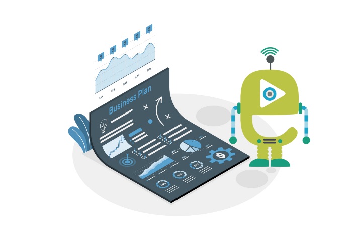 Illustration of a green robot with a play button on its chest standing next to a detailed business plan infographic with charts and graphs.