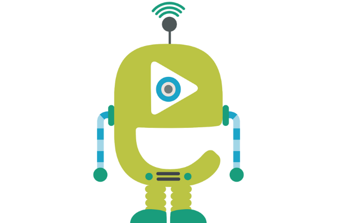 Green robot with a play button eye and wireless antenna on its head.