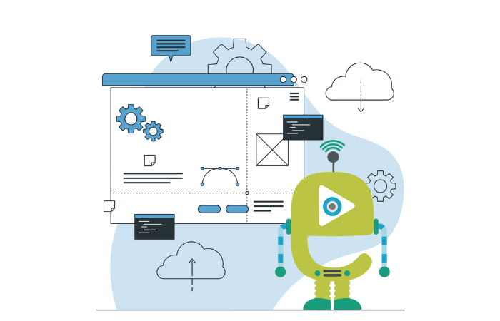 Illustration of a green robot with wireless signal symbol standing next to a computer screen showing website design elements and cloud upload/download icons.