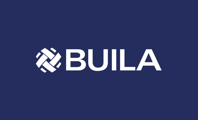 Buila company logo with a white geometric emblem and bold white text on a dark blue background.