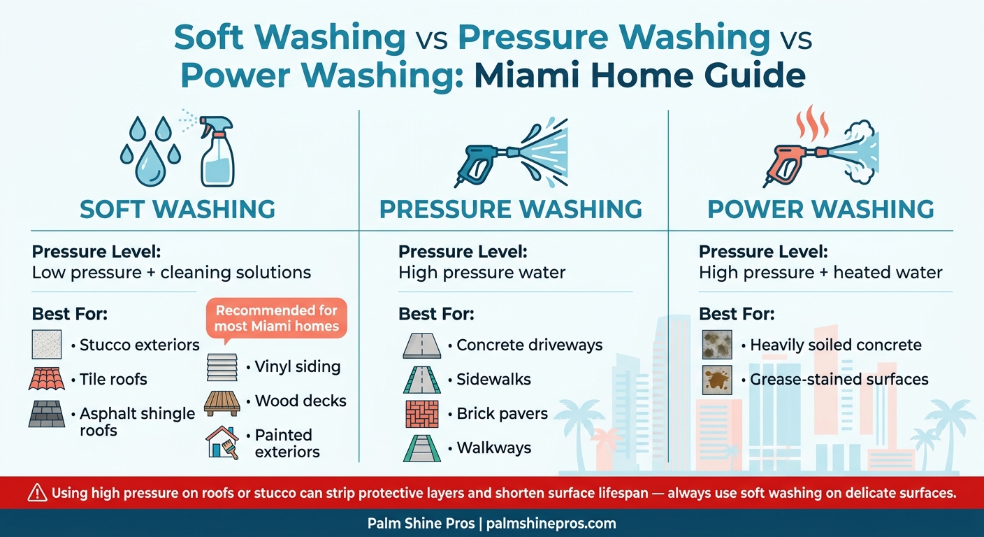 Soft Washing vs Pressure Washing vs Power Washing: Miami Home Guide
