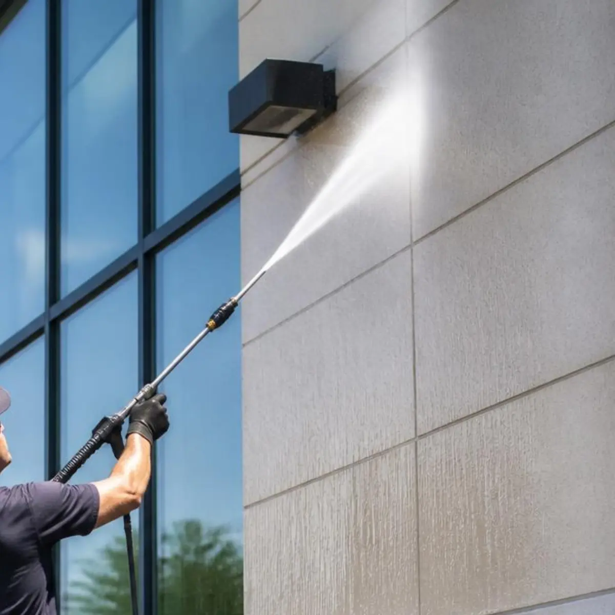 Electric floor cleaning machine scrubbing a wet tiled floor with soap suds around.