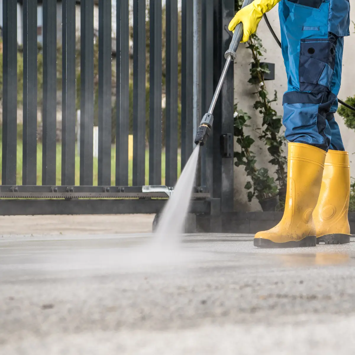 Electric floor cleaning machine scrubbing a wet tiled floor with soap suds around.