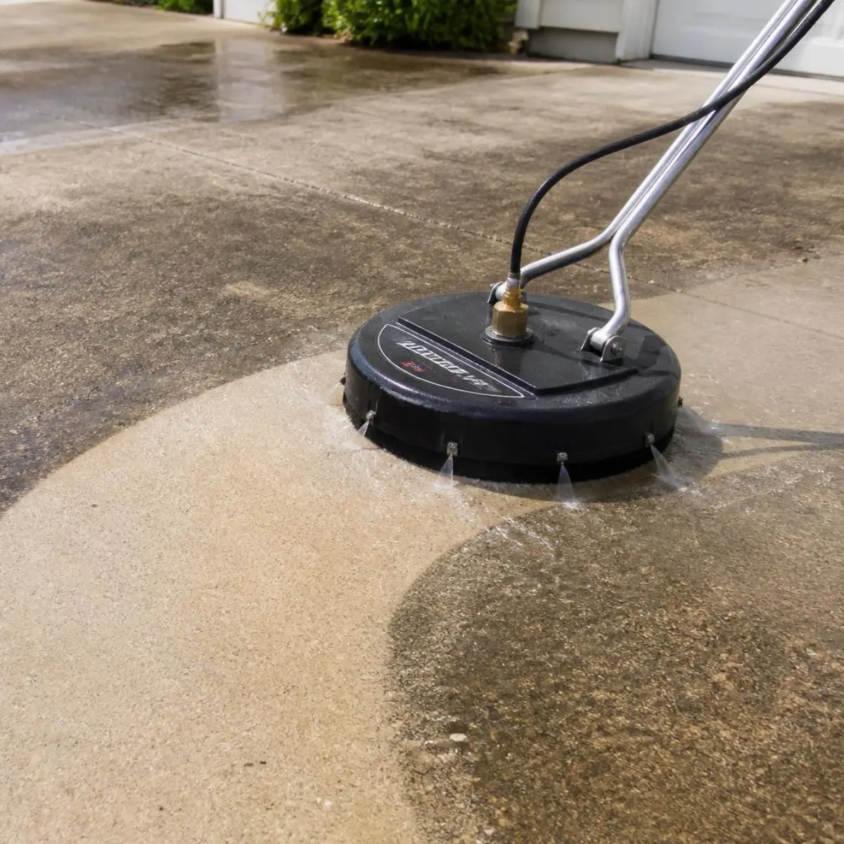 Electric floor cleaning machine scrubbing a wet tiled floor with soap suds around.