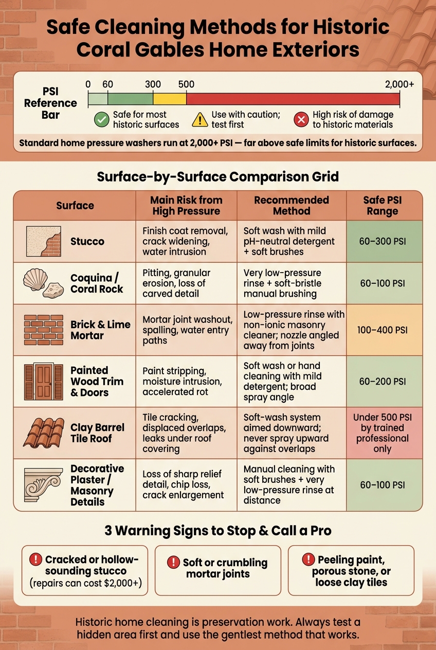 Historic Home Exterior Cleaning: Safe Pressure Levels & Methods by Surface