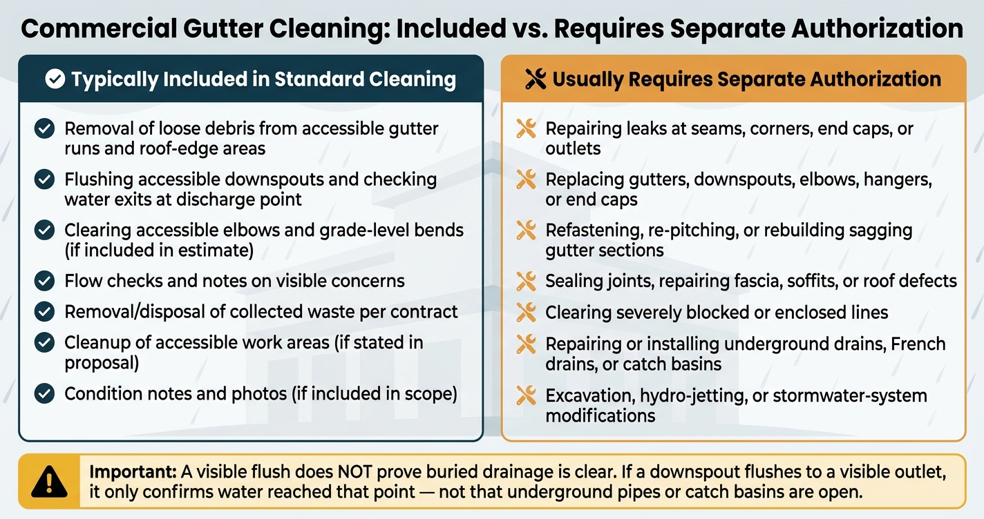 Commercial Gutter Cleaning: What's Included vs. What Requires Separate Authorization