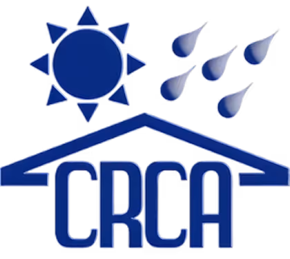 Blue logo with a stylized sun, five raindrops, and a house-shaped outline above the text CRCA.