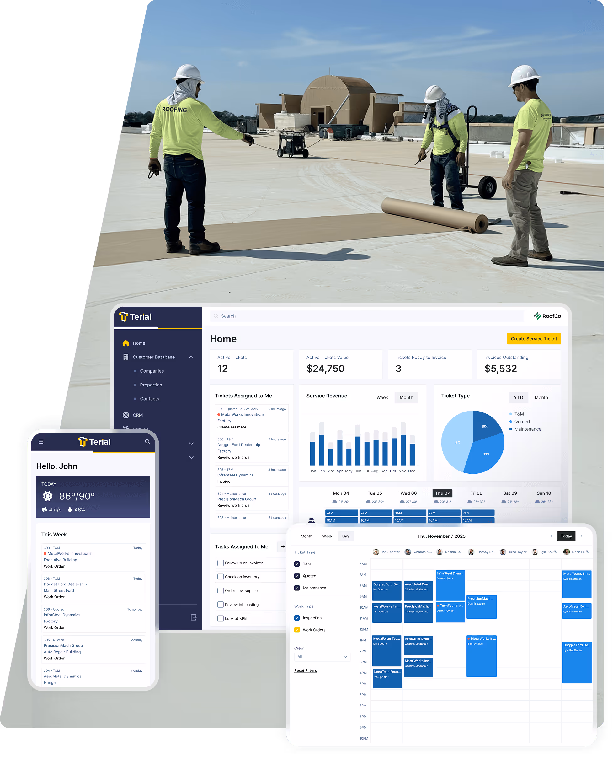 Three workers in high-visibility shirts and white helmets measure and roll roofing material on a flat roof under a clear sky, overlayed with digital screens showing a work management software dashboard, mobile app, and calendar schedule.
