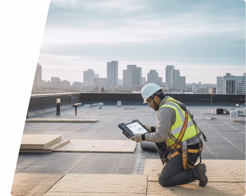 Construction worker in safety gear kneeling on a rooftop while using a tablet with city skyline in the background.