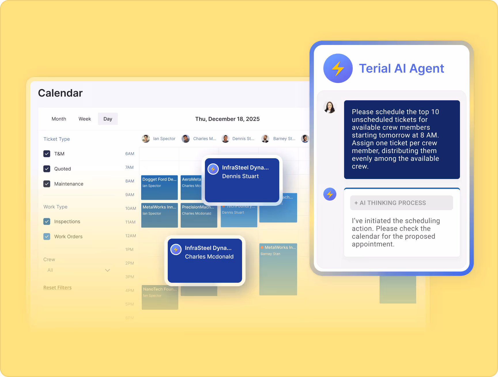 Calendar view for December 18, 2025, displaying scheduled work orders and inspections for crew members, alongside a Terial AI Agent chat window initiating scheduling of unscheduled tickets.