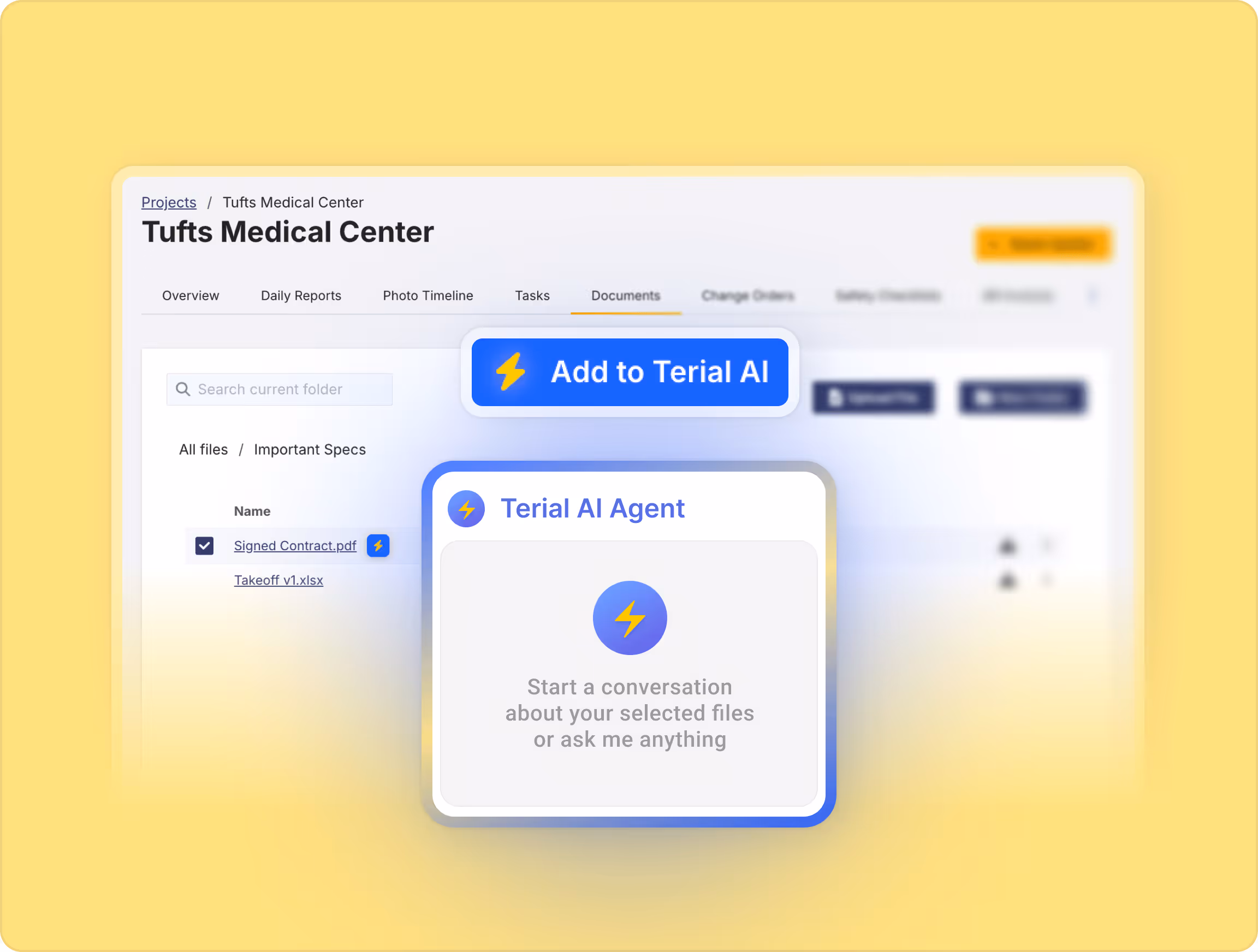 Project management interface for Tufts Medical Center showing a Documents tab with files listed and a highlighted Add to Terial AI button and Terial AI Agent chat box.