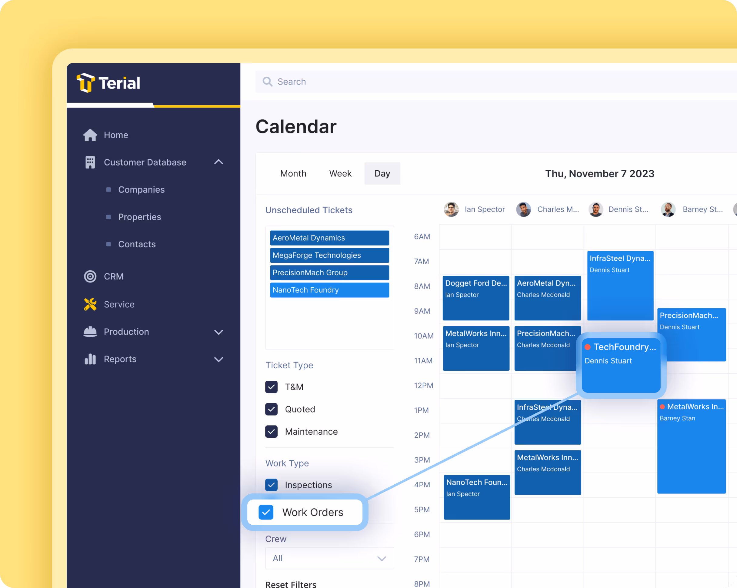 Screenshot of Terial calendar interface showing scheduled work orders and tickets for November 7, 2023, with filters for ticket type and work type on the left sidebar.