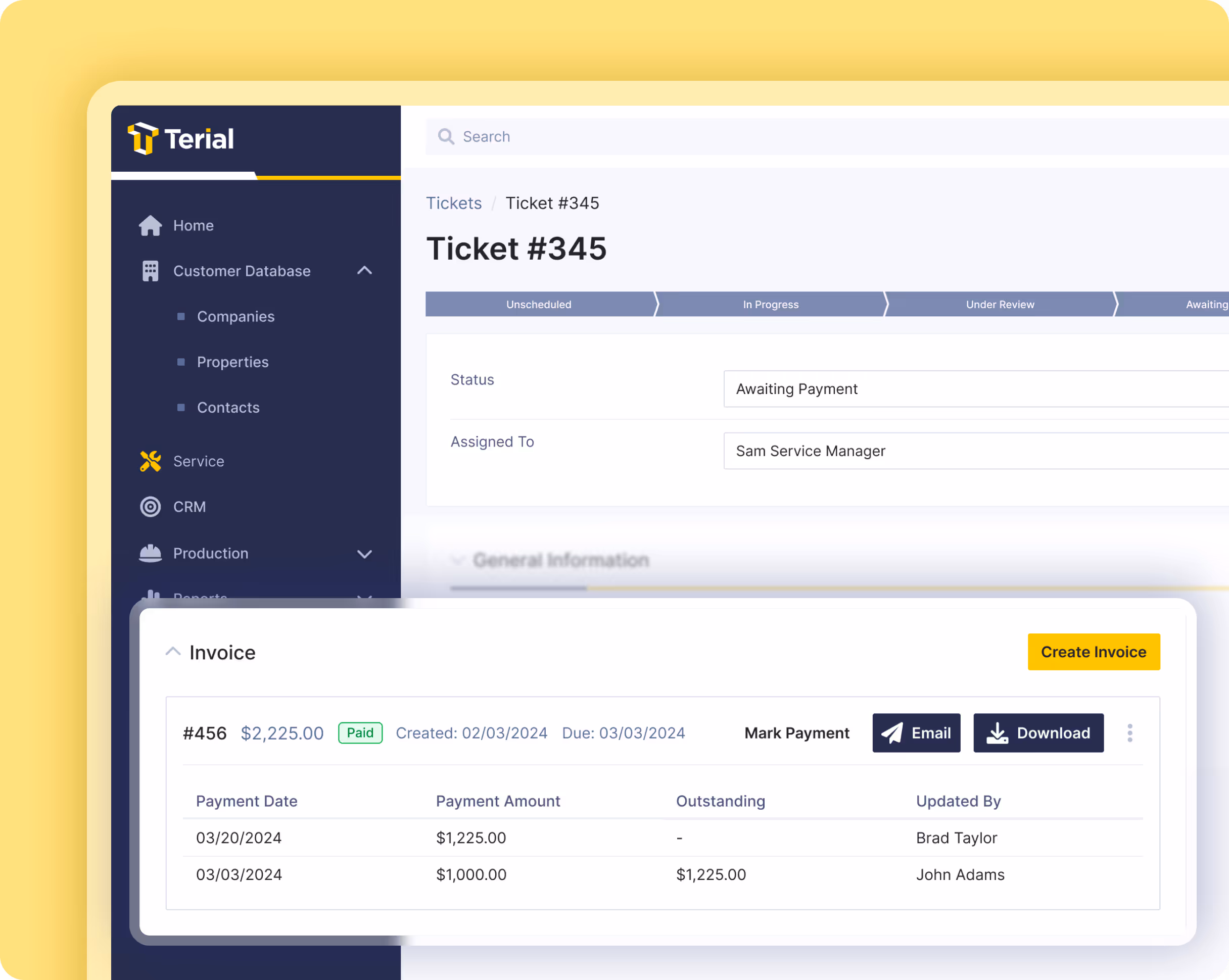 User interface of Terial software showing Ticket #345 with status Awaiting Payment and an Invoice section detailing invoice #456, payment amounts, dates, and options to email or download.