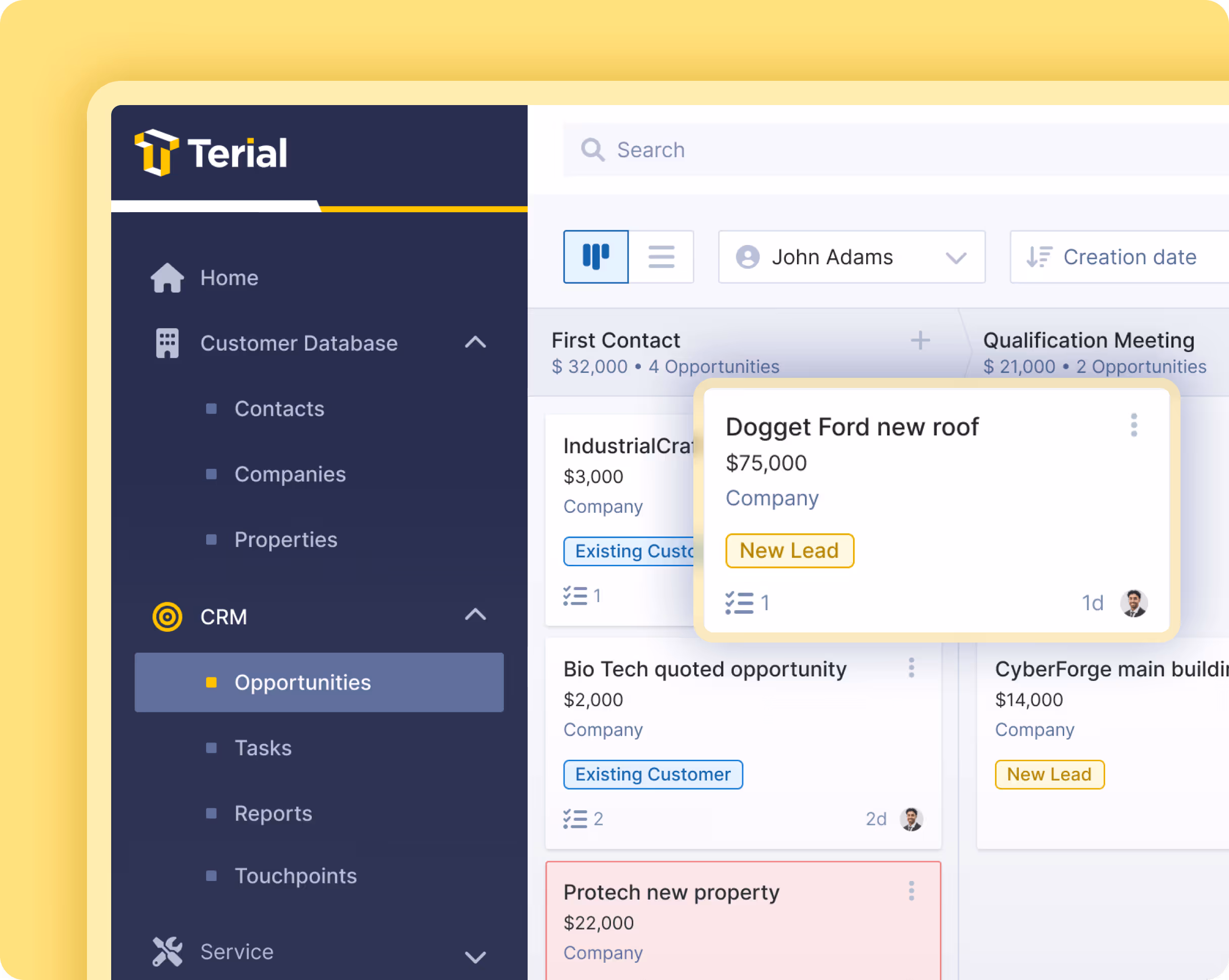 CRM dashboard with opportunities list, highlighting 'Dogget Ford new roof' lead valued at $75,000.