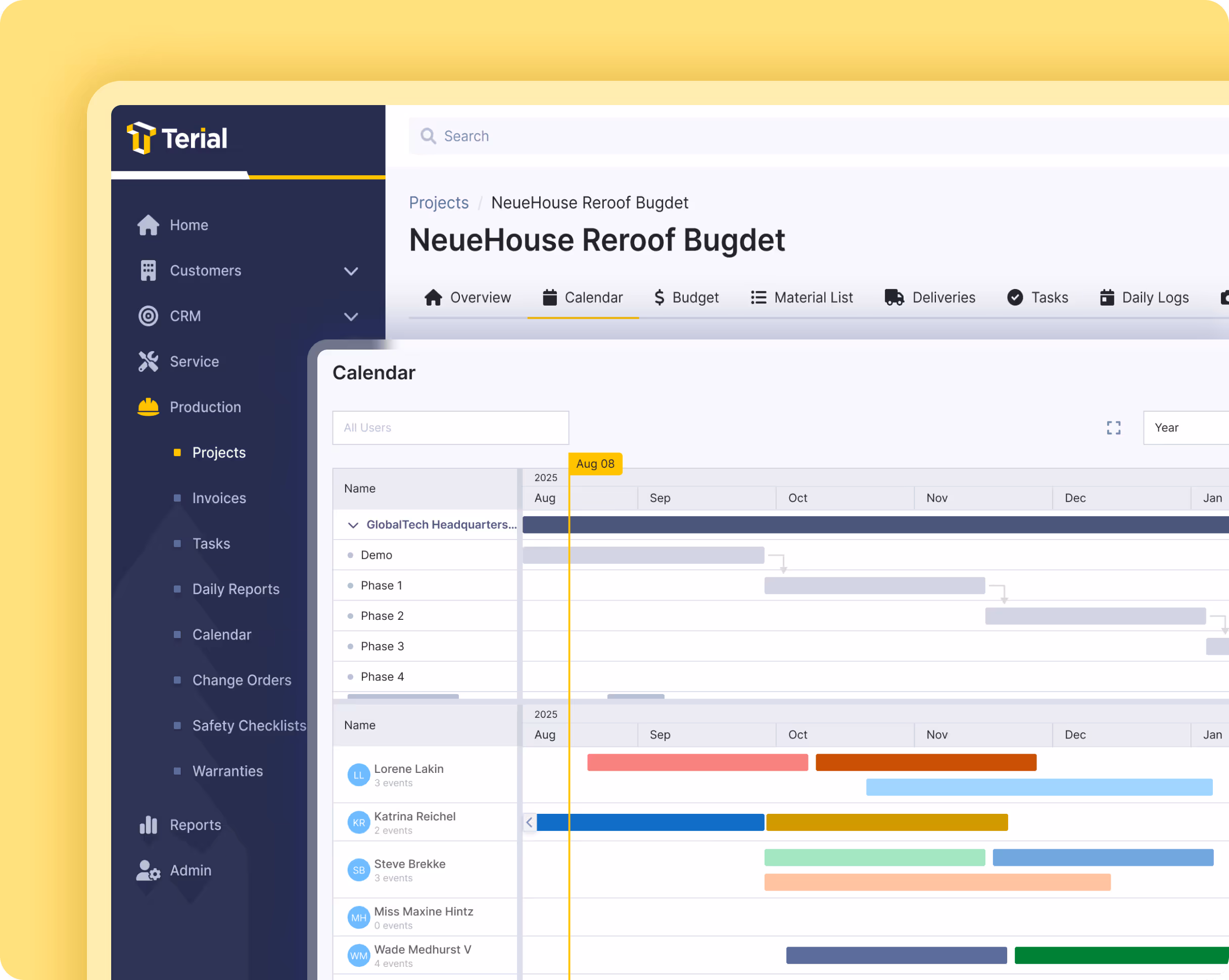 Terial project management interface showing a calendar view for the NeueHouse Reroof Budget project with task timelines and user events displayed by month.