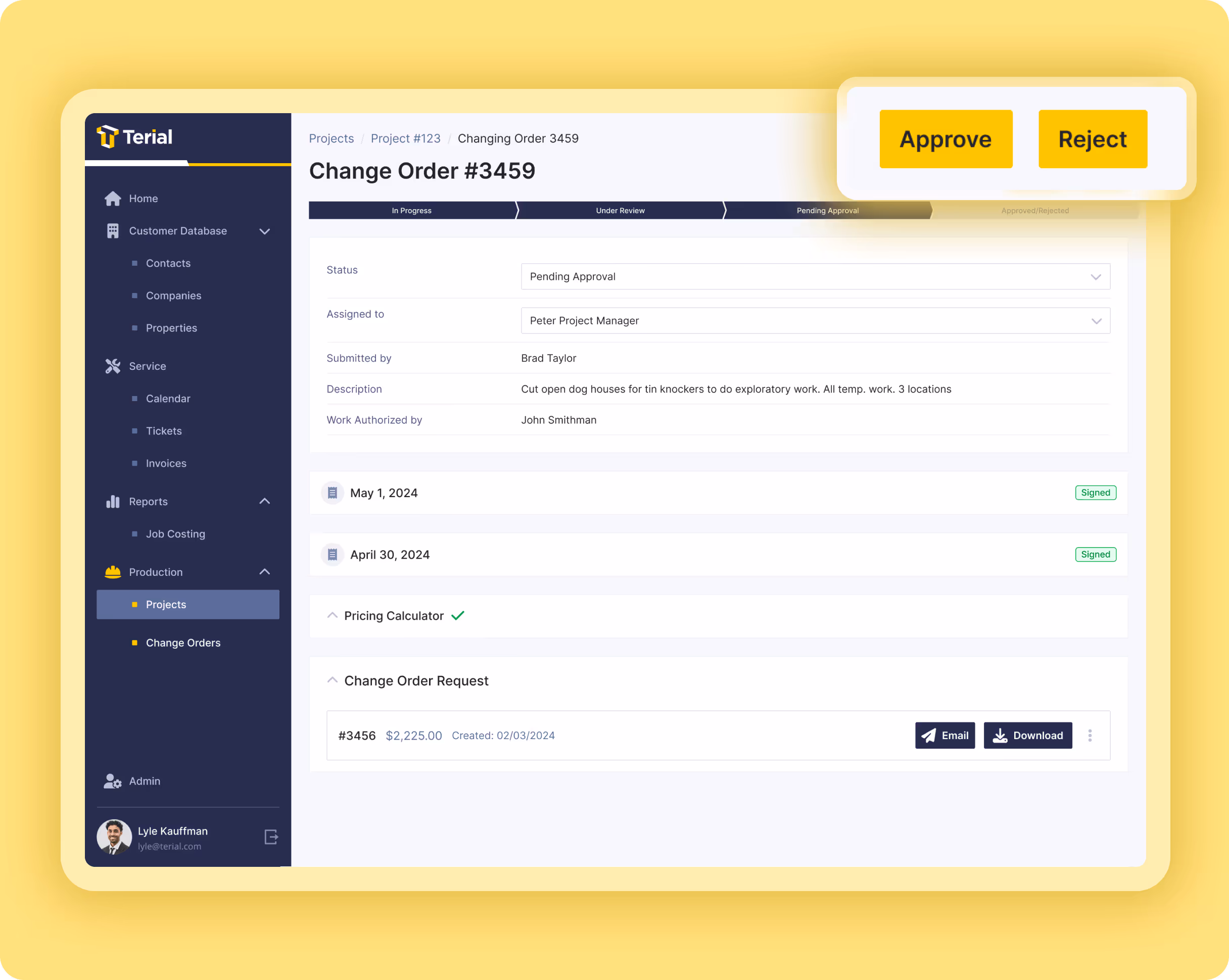 Project management dashboard showing Change Order #3459 with status Pending Approval, assigned to Peter Project Manager, with options to Approve or Reject.