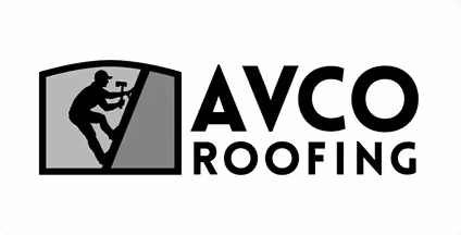 AVCO Roofing logo with a silhouette of a person hammering on a roof inside a shield shape.