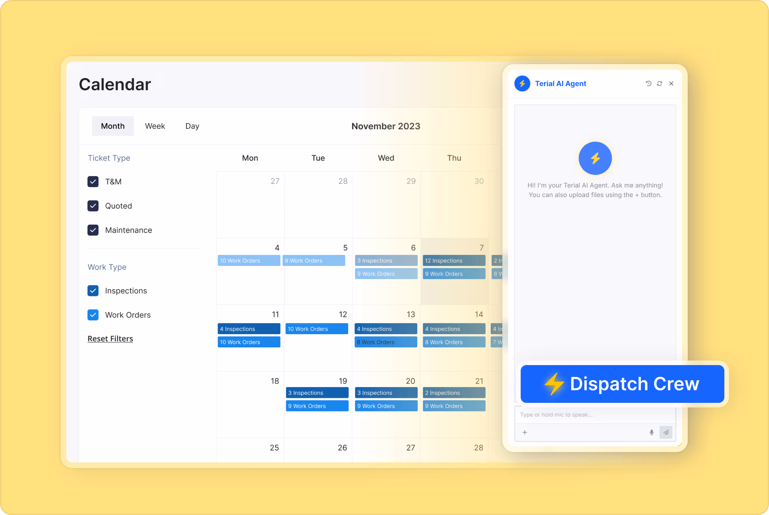 November 2023 calendar showing ticket and work types with a sidebar Terial AI Agent chat interface and a Dispatch Crew button.