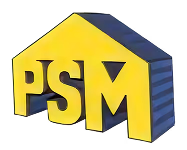 3D logo shaped like a house with yellow front displaying the letters PSM and blue striped roof and side.