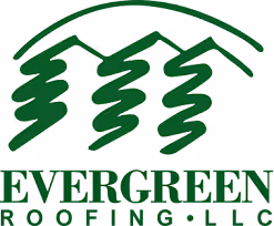 Evergreen Roofing LLC logo with three stylized green evergreen trees under an arched green line.