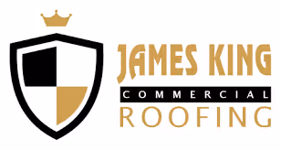 James King Commercial Roofing logo featuring a shield divided into black and gold quadrants topped with a gold crown.
