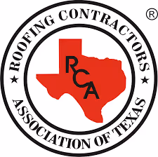 Logo of the Roofing Contractors Association of Texas featuring a red Texas state shape with RCA initials in black inside a circular border.