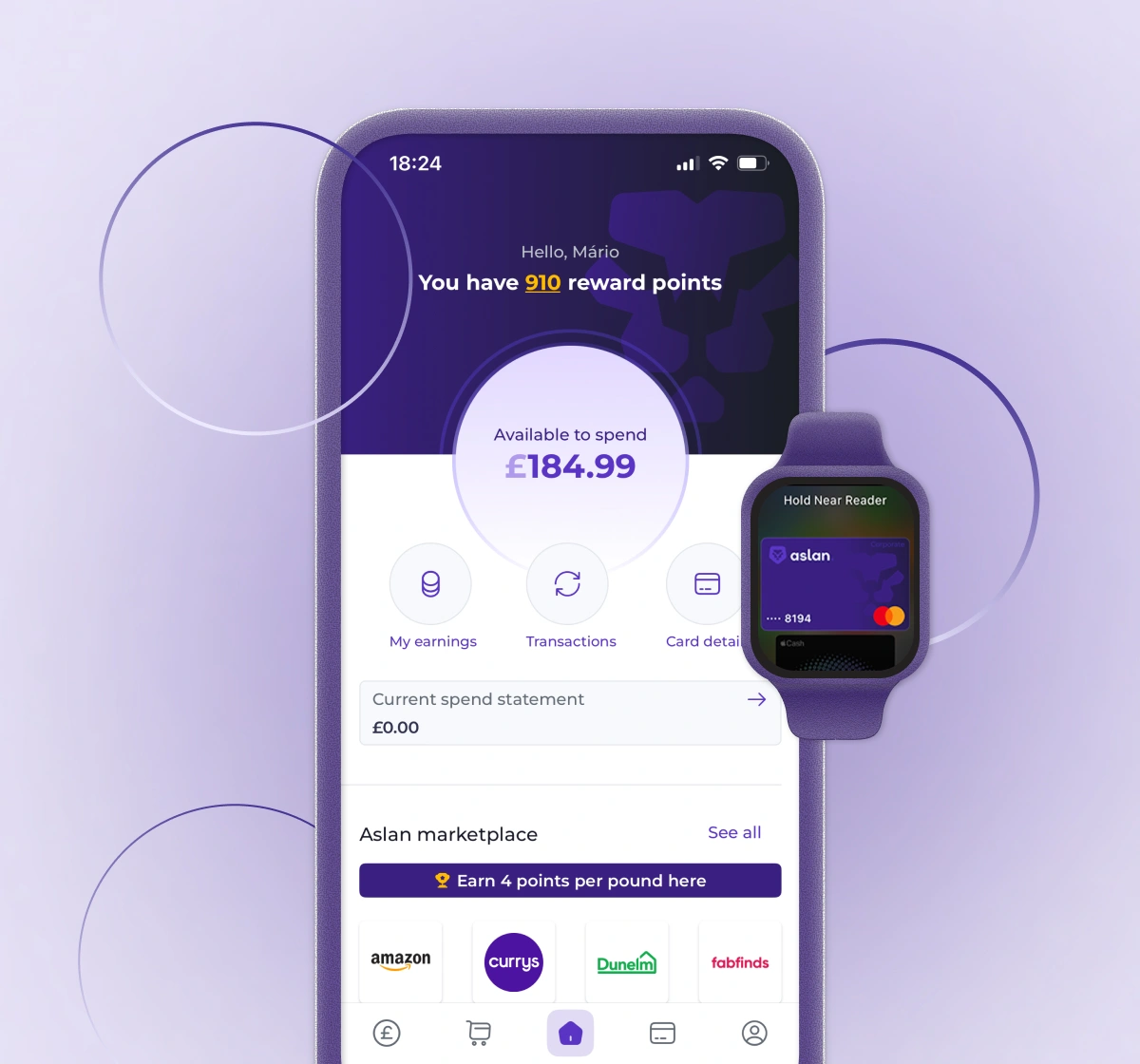 Aslan on-demand wage access app — digital card and rewards screens on mobile