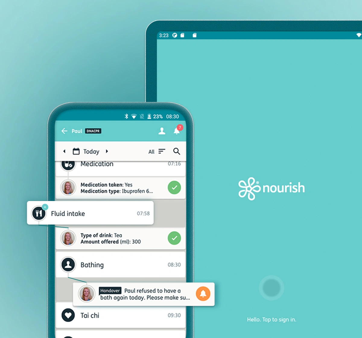 Nourish Better Care app — mobile care recording for healthcare teams