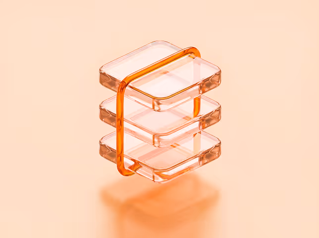 Three transparent rectangular blocks stacked vertically, held together by two orange vertical bands on each side.