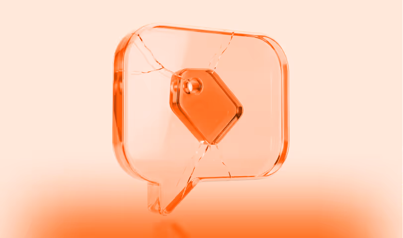 Transparent orange speech bubble with a price tag symbol inside, set against a soft orange background.