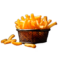 Basket filled with golden French fries with a few fries scattered outside on black background.