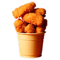 Small beige bucket filled with crispy golden-brown fried chicken strips.