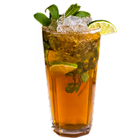 Tall glass of iced mint tea garnished with fresh mint leaves and a lime wedge.
