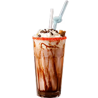 Tall glass of iced chocolate drink topped with whipped cream, chocolate chips, and a wafer stick with two straws.
