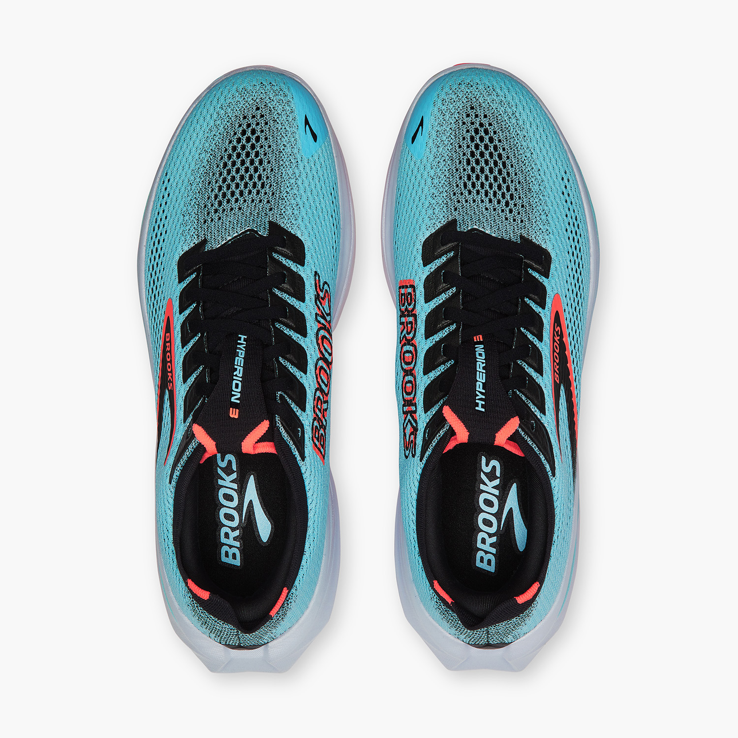 Aqua blue Brooks running shoe top-down view - lacing system, tongue, collar, and upper materials