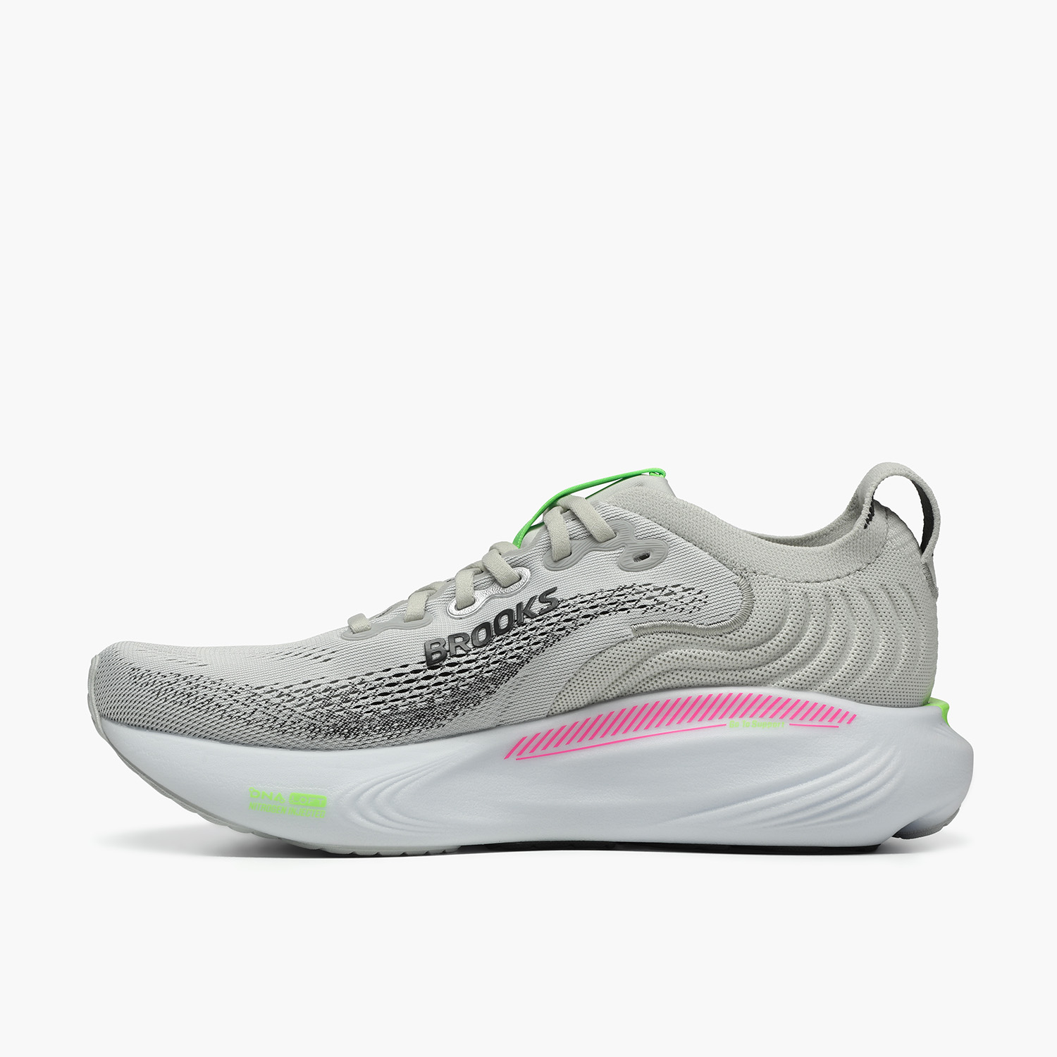 Grey and pink Brooks running sneaker - left side