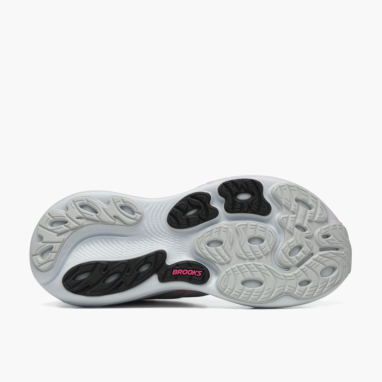 Grey Brooks running shoe sole view showing outsole tread pattern and construction