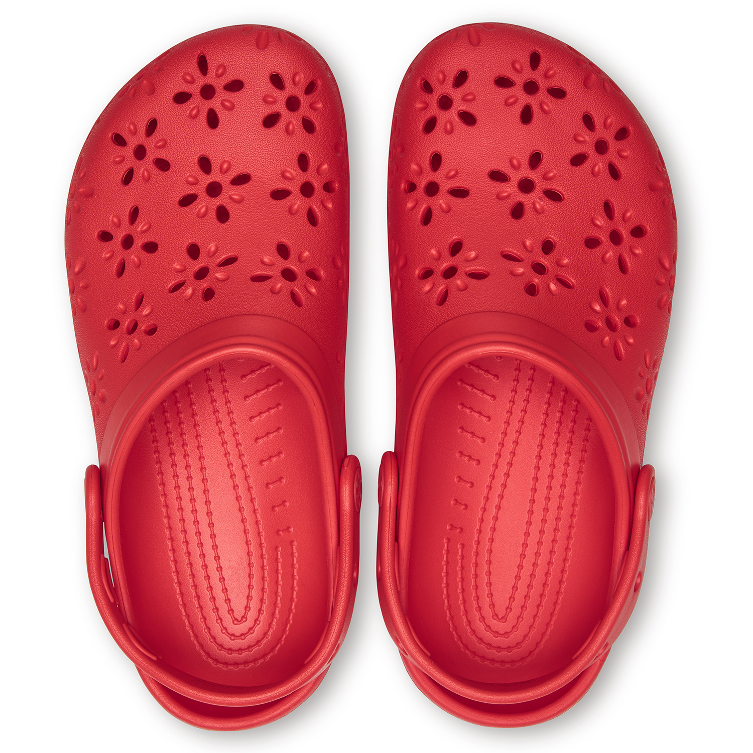 Red Crocs sandal top-down view showing upper construction and strap detail