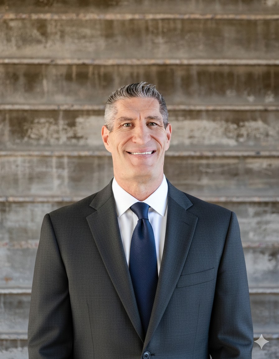 Smiling middle-aged man in a dark suit and blue tie standing in front of weathered concrete steps.