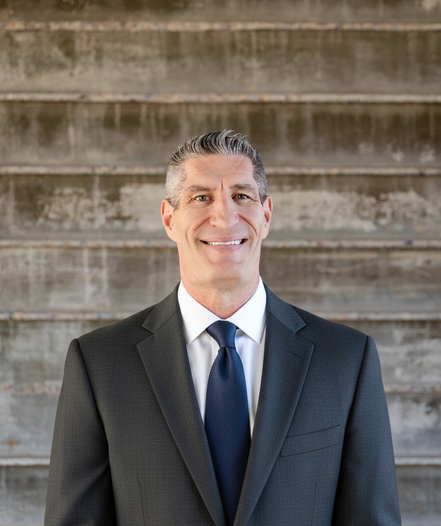 Smiling middle-aged man in a dark suit and blue tie standing in front of weathered concrete steps.