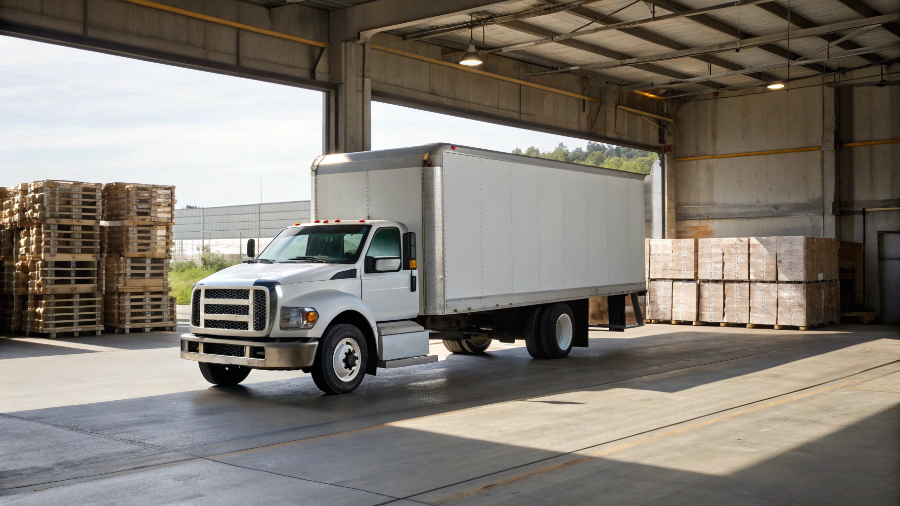 26 ft box truck at a warehouse loading dock with palletized freight