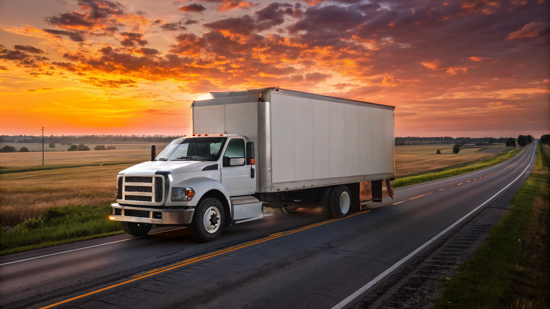 26 ft box truck on a regional Midwest highway at sunrise