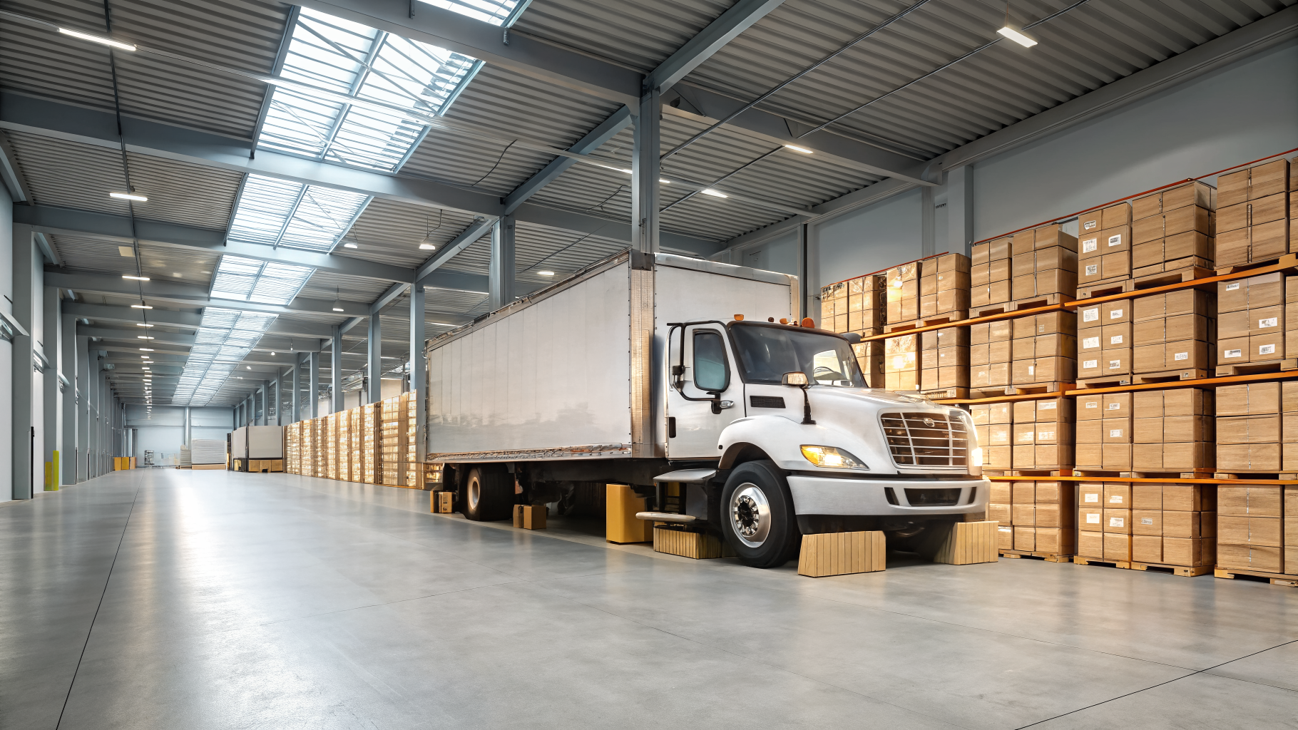 26 ft box truck with palletized dry freight at a warehouse