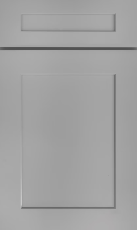 Close-up of a grey cabinet door with a raised rectangular panel at the top and a larger one below.