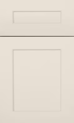 Close-up of a beige cabinet door with a rectangular panel and trim detailing.