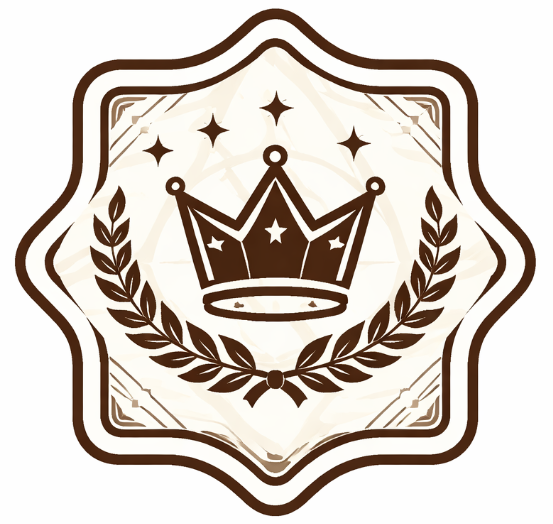 Stylized emblem featuring a crown with stars above and laurel branches below inside a decorative frame.