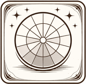 Illustration of a round dartboard with several sections shaded and decorative stars around it, framed by an ornate square border.