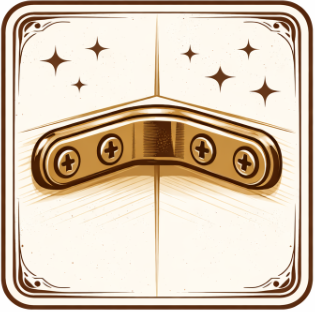 Illustration of a metallic corner bracket with four screws, surrounded by decorative stars on a vintage-styled background.